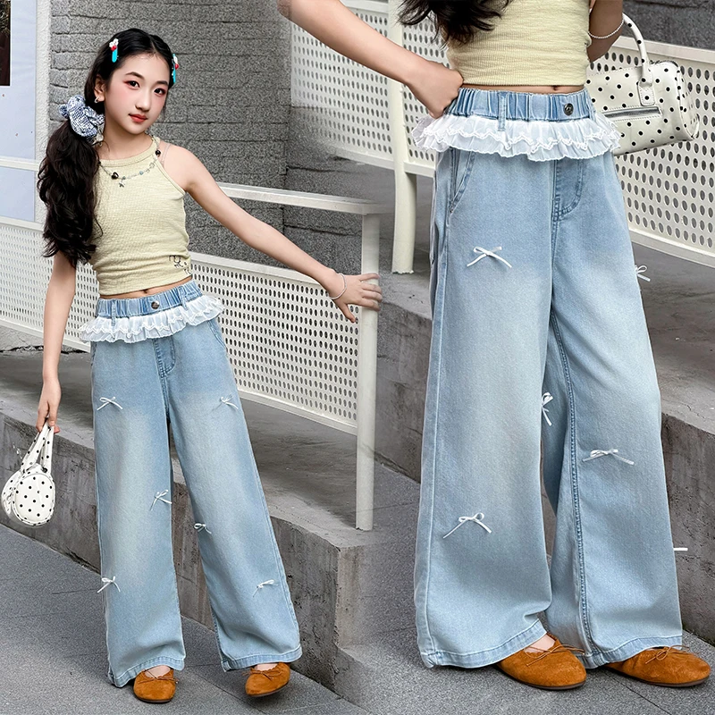 

Child New Sweet Bow Jeans with Lace For Teenage Girls Popular High Waist Straight Denim Pants Kids Casual Summer Jeans Trousers