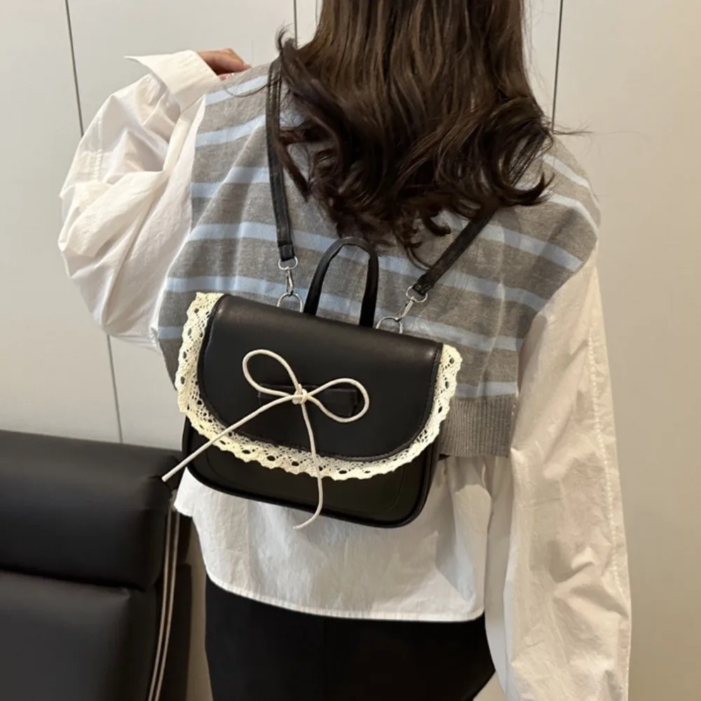 Mini mochila Kawali con lazo de encaje, elegante bolso de cuero PU cuadrado con asa, bolso de hombro para estudiantes