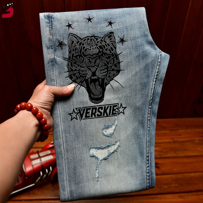 

Мужские джинсы премиум-класса с леопардовым принтом и стразами, рваные, зауженные, прямые, эластичные, повседневные, весна-лето