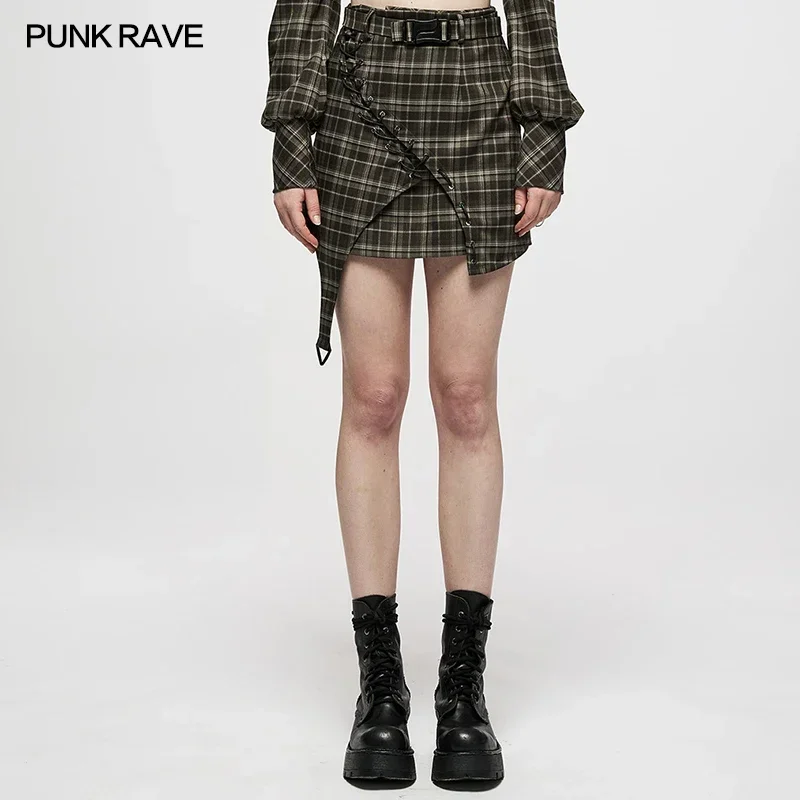 

PUNK RAVE Women's College Style Plaid High Waist Asymmetrical Skirt Punk Daily Rivet Decoration Spring Summer Mini Skirts Sashes