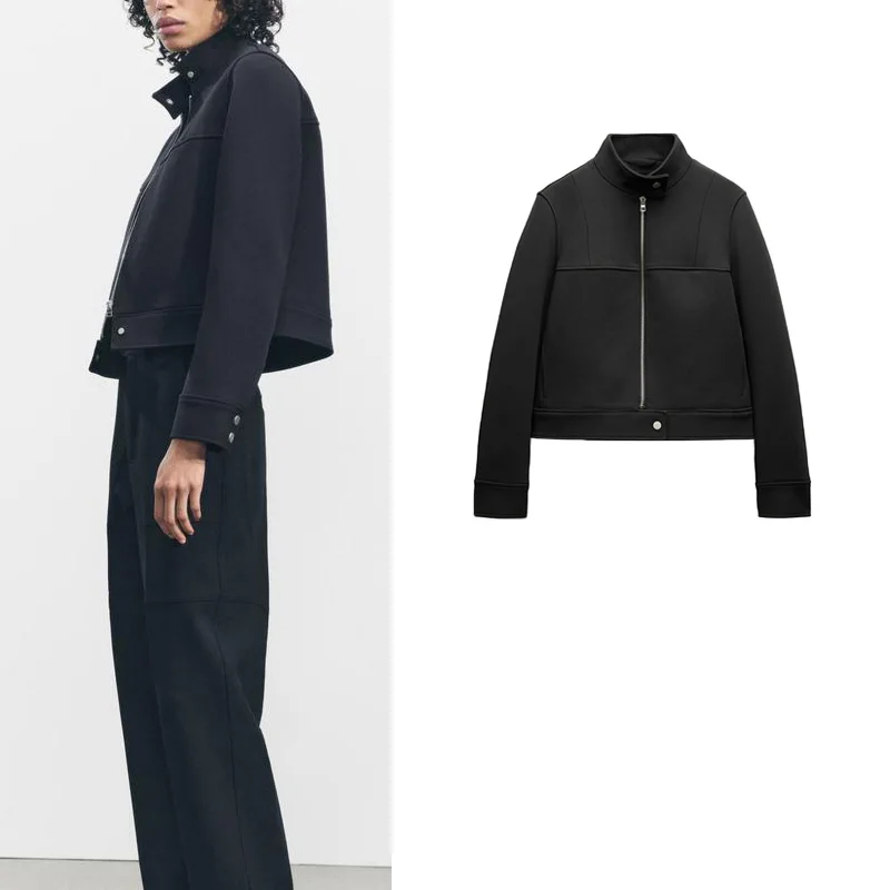 

Spring New Women's Bla Simple f High Collar Long Sve ort Zipper Jaet Outerwear Polyester Fiber 00% Regular Length