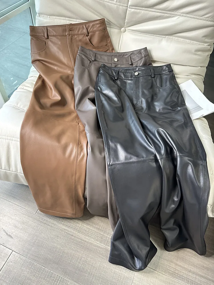 

Women's High Waist Sheepskin Pants, Straight, Loose, Thin, Genuine Leather, Wide Leg, Spring, Autumn