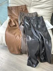 Women's High Waist Sheepskin Pants, Straight, Loose, Thin, Genuine Leather, Wide Leg, Spring, Autumn