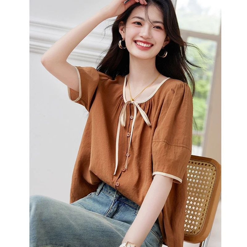 موضة س الرقبة تقسم الكورية الدانتيل يصل القوس القمصان الملابس النسائية 2025 صيف جديد فضفاض بلون كل مباراة بلايز بلوزات غير رسمية