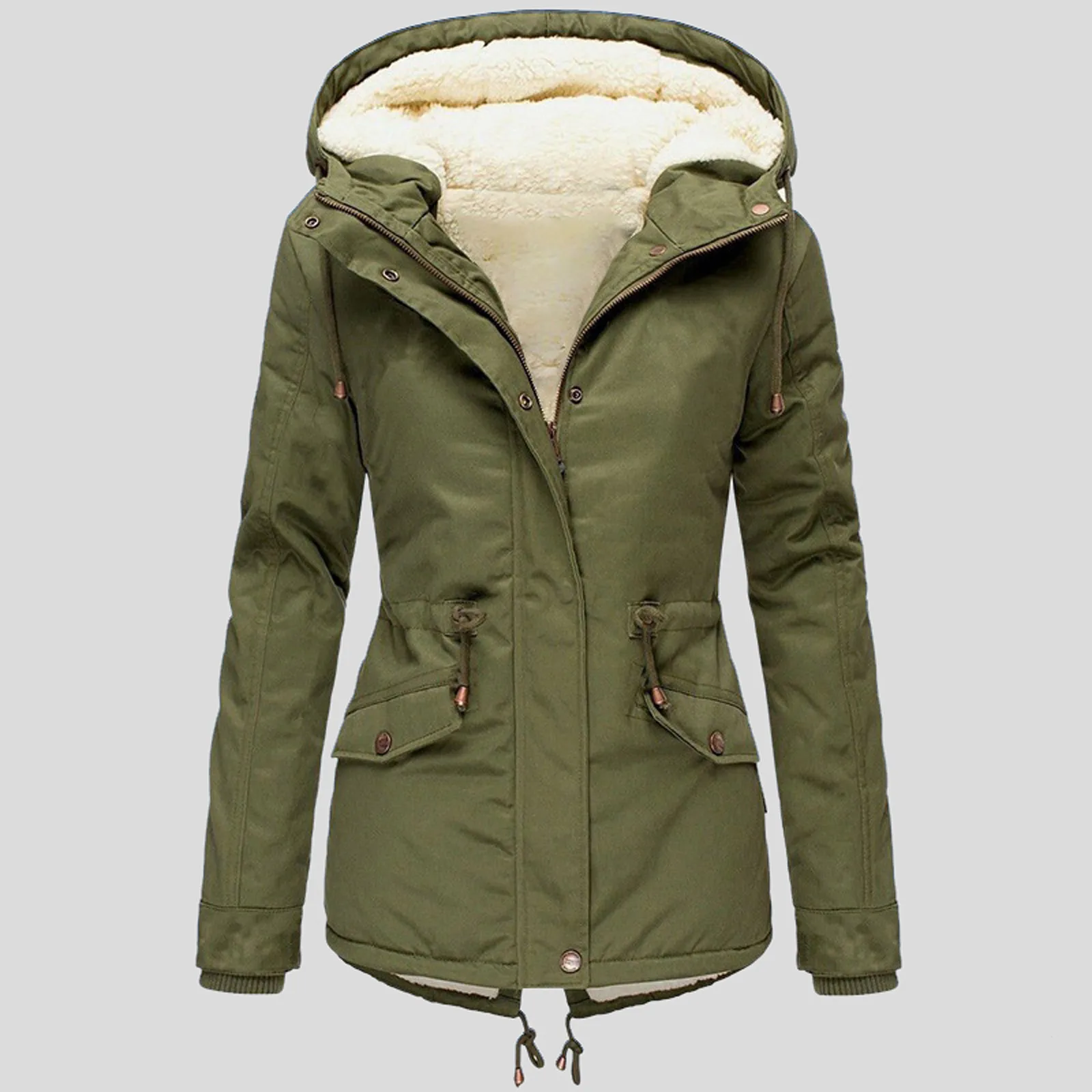 Women Winter Warm Zipper Jacket Solid Color Simple Casual Faux Wool Hooded Parkas Female Outdor Windbreak Overcoats With Pockets