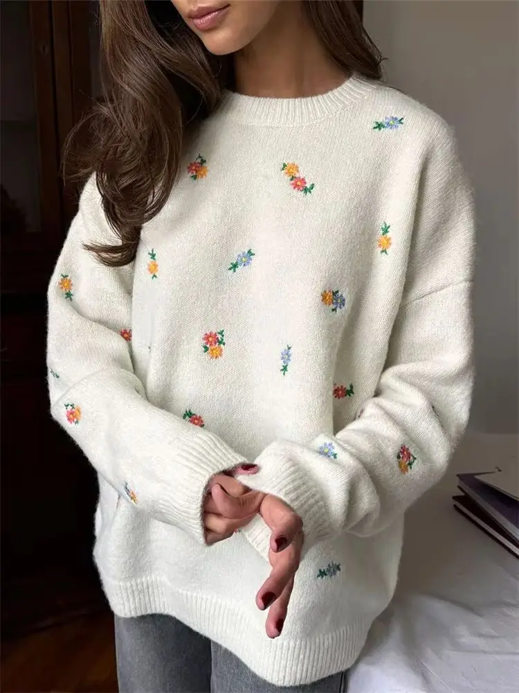 

Women Knitwear Sweater Pullover Autumn Long Sleeve High Waist Elegant Loose Top Printed Contrast Female Tops New Knit