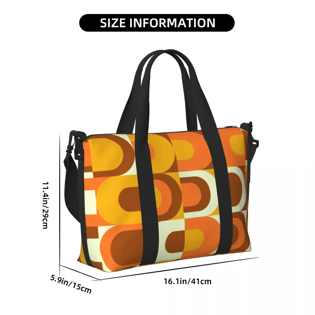 Sac fourre-tout personnalisé pour femme, motif des années 70, coloré, orange, tons bruns, géométrique, initié, shopping, salle de sport, plage, voyage