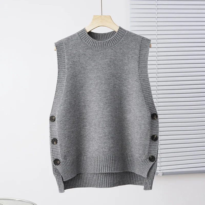 #3935 Asymmetrical Sweater Vest Women Side Buttons Knit Pullover Vest Round Neck Outerwear Short Knitwear Vest Femme Solid Color