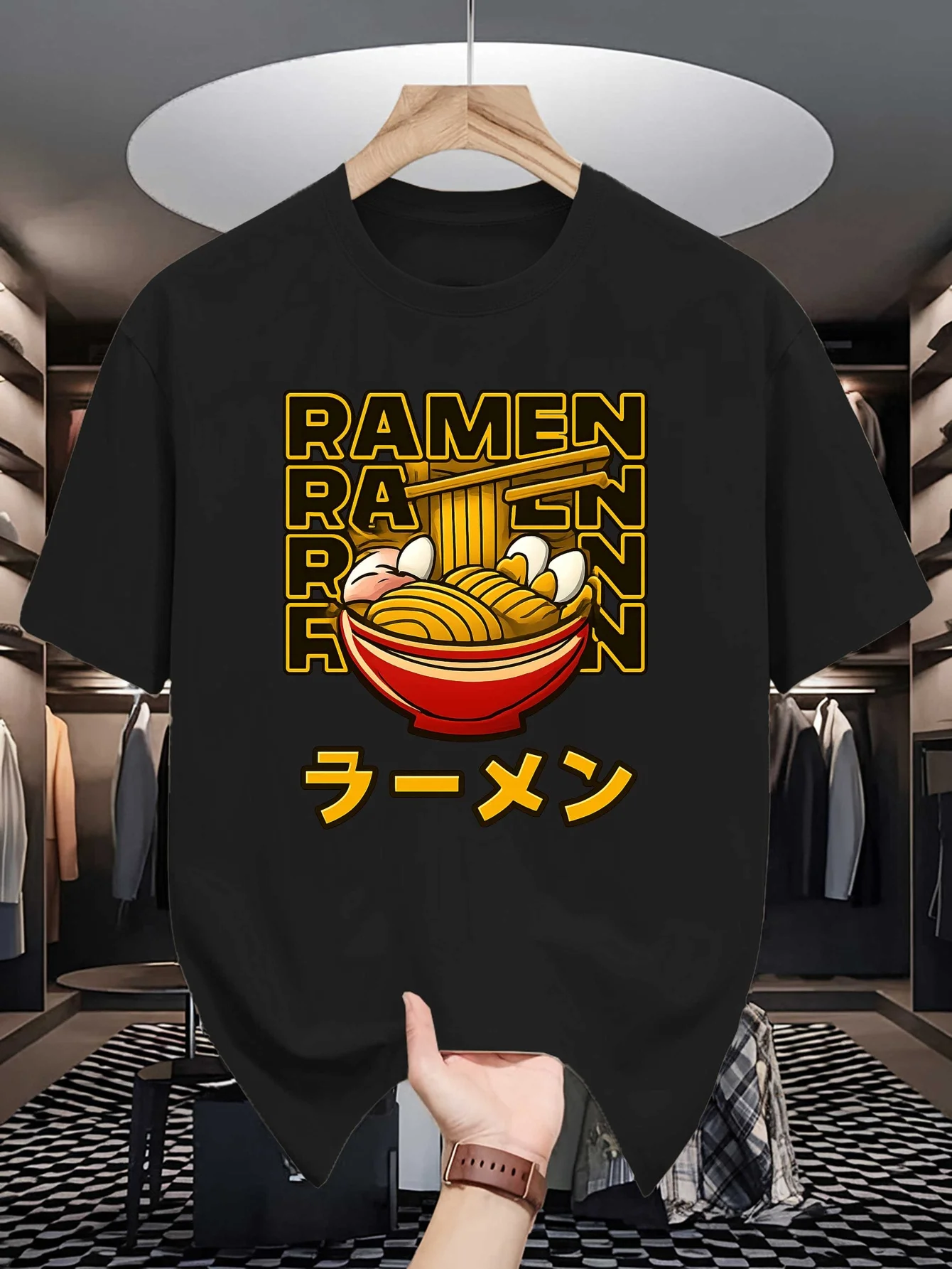 Cartoon Ramen Bowl Graphic Mens Crew Neck T Shirt Japanese Text Asian Food Anime Print Short Sleeve Casual Cotton Daily Tops