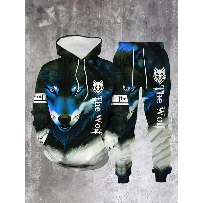 Men Blue‑Eyes Cool Wolf Head 3D Print Hoodie Set The Wolf Gothic Letter Jogger Pants 2‑Piece Outfit