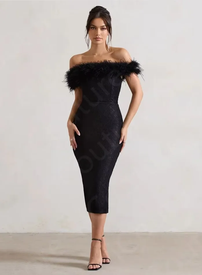 Vestido de fiesta negro clásico personalizado, vestidos de noche de encaje, vestido de desfile hasta media pantorrilla, vestido de fiesta con plumas y hombros descubiertos, abertura en la espalda