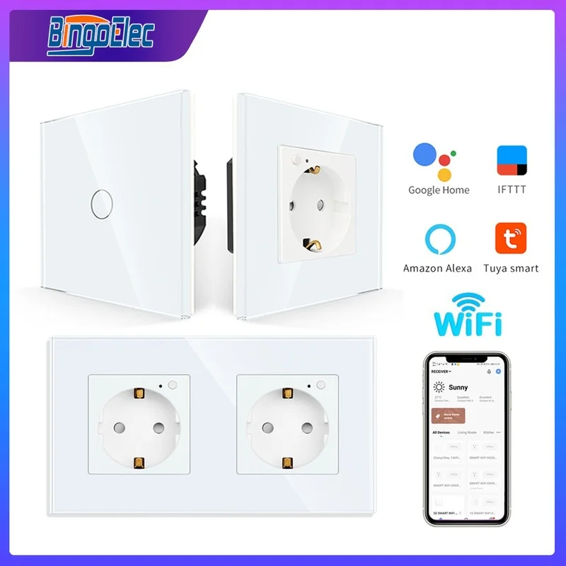 Bingoelec WiFi smart Switch and wifi socket touch light switches and wall scokets Glass panel Support Tuya APP Alexa Google Home