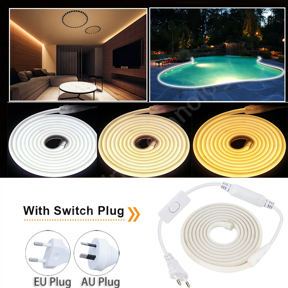 

AC220V COB Strip Light 288LEDs/m Гибкая лента IP65 Водонепроницаемая уличная лампа с выключателем ВКЛ/ВЫКЛ Вилка питания ЕС/Австралии для декора комнаты