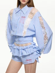 2 Piece Lace Shorts Sets Splicing Hollow Out Lantern Sleeve Blue Striped Blouse Shirts Ruffles Shorts Fashion 2024 New Pink Suit