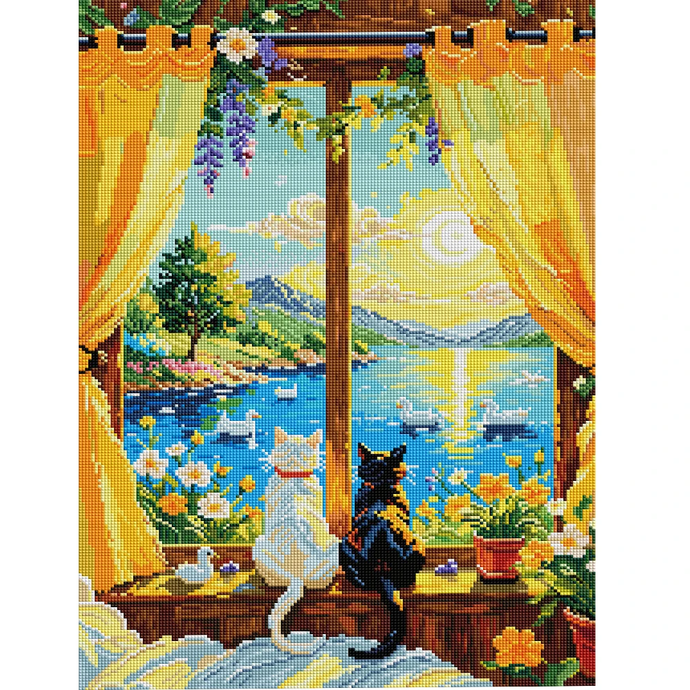 Kit de Pintura de Diamantes 5D DIY Forever Young, Vista de Gatos Junto al Lago, Patrón Cuadrado Completo con Diamantes AB FD para Manualidades y Arte para Adultos