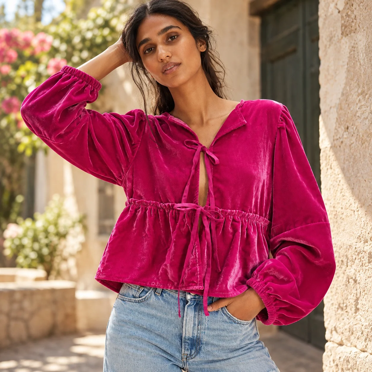 Casual Loose Fit Top with Long Sleeve Tie Closure Regular Length Women Long Sleeve Shirt European and American Style Spring