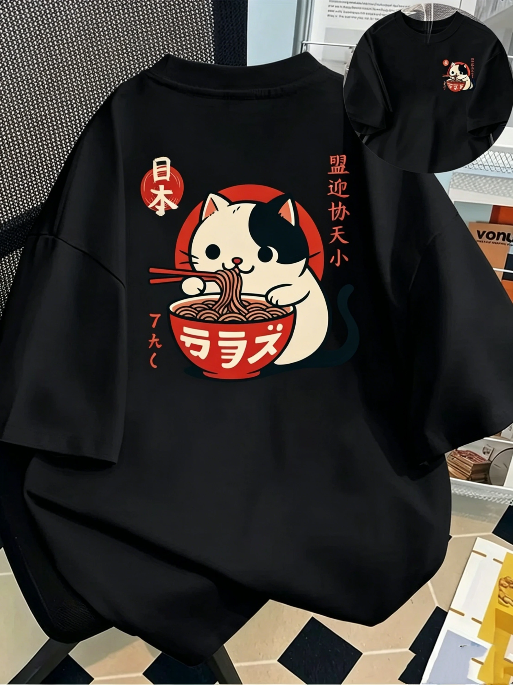 Cute Ramen Cat Japanese Print T-shirt Kawaii Anime Harajuku Streetwear Oversized Casual Tee Unisex
