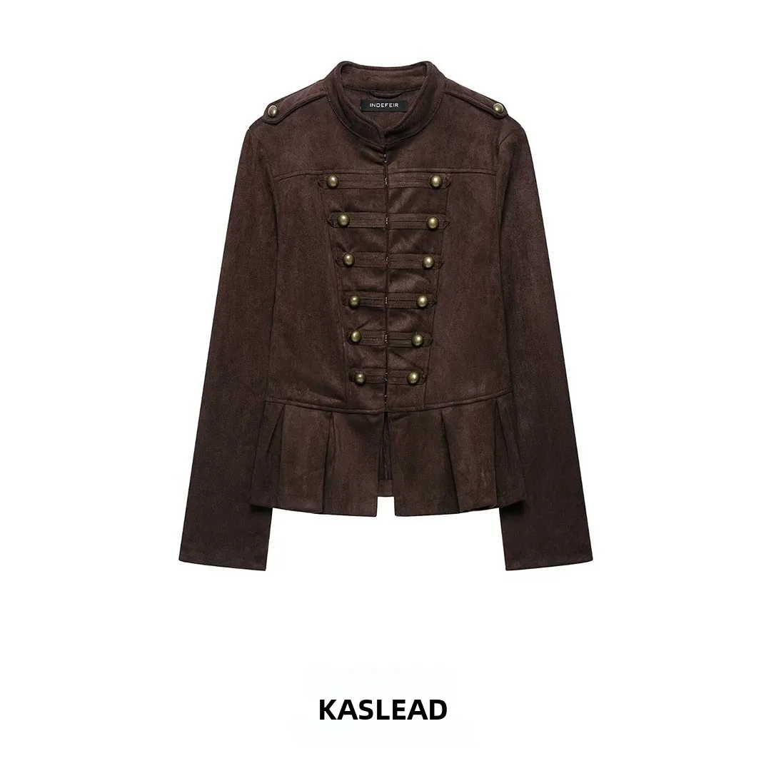 KASLEAD New Women's Fashion Versatile Nine-Point Short Skirt Style Button Coat Long Sleeve Short Length Polyester Fiber
