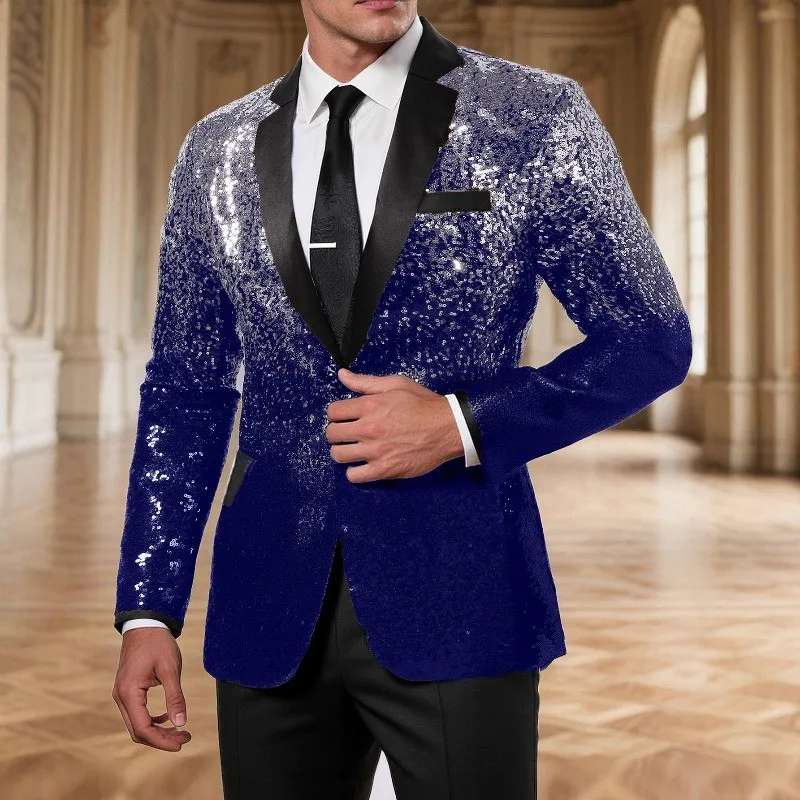 2026 Men Shiny Sequin Tuxedo Jacket Royal Blue Gold Gradient Black Lapel Party Wedding Stage Wear Blazer Coat