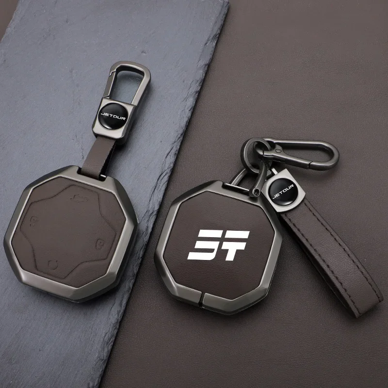 Zinc Alloy Leather Car Remote Key Case Full Cover Holder Shell For Chery Jetour Traveller T2 2023 2024 Auto Keychain Accessories