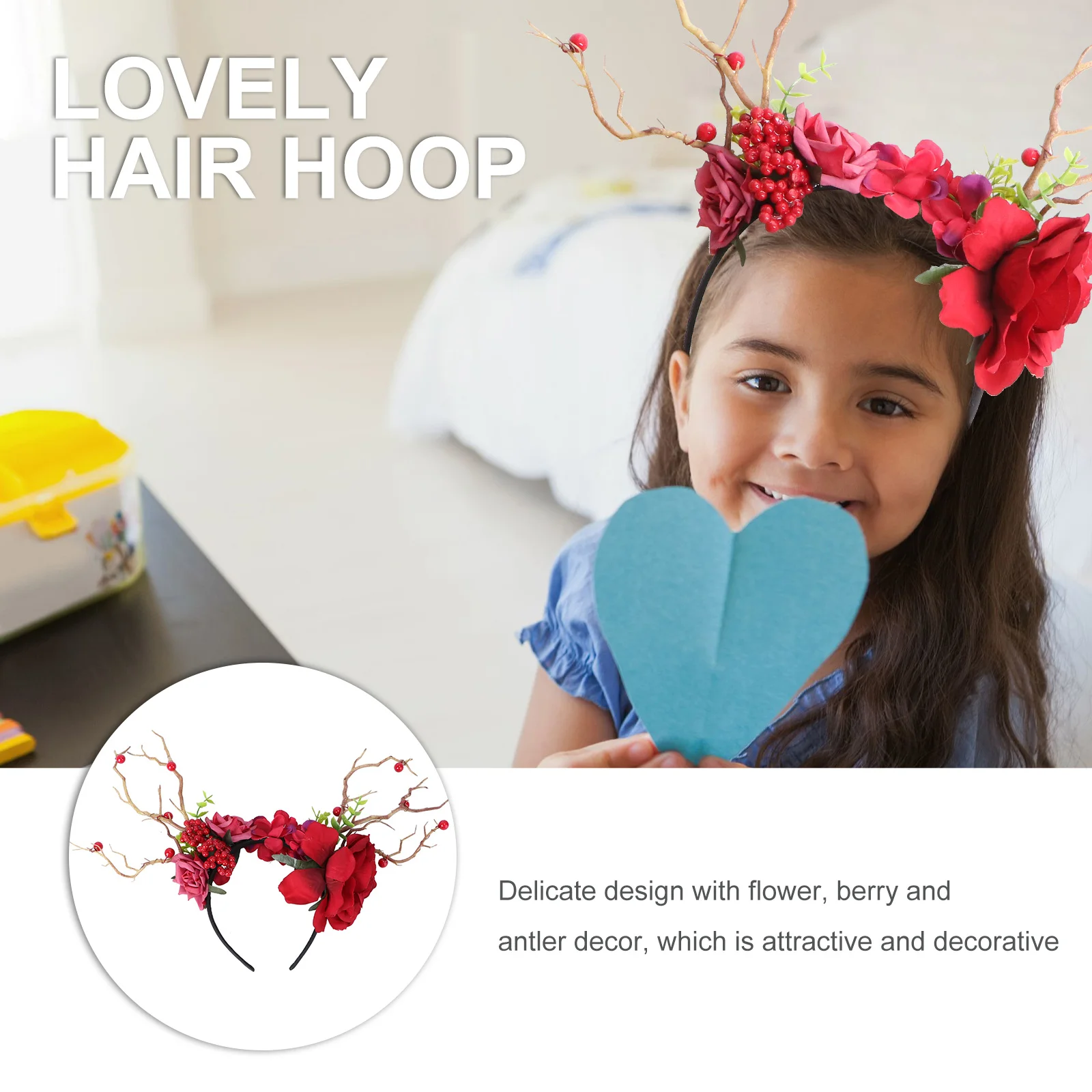 

Valentine'S Day Berry Flower Antler Hair Headdress Red Creative Party Gathering Festival Accessory Exaggerated Hoop Headband For