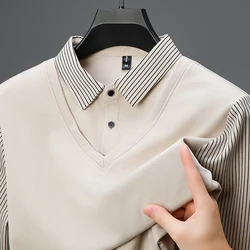 High end personalized shirt collar sweater men's autumn new fashion casual Korean version fake two piece long sleeved T-shirt