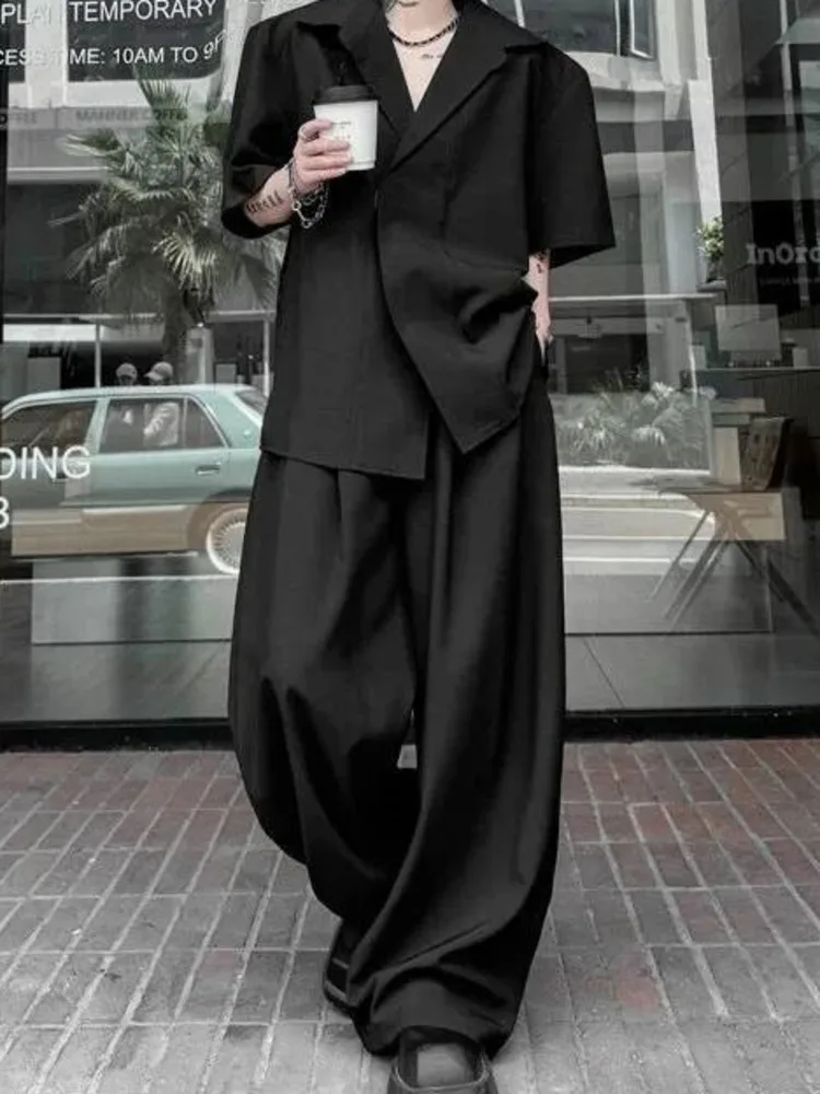 New Black Summer Men's Suit Two Pieces Sets Notched Collar Loose Short Sleeve Shirt And Casual Wide Leg Pants OXYC