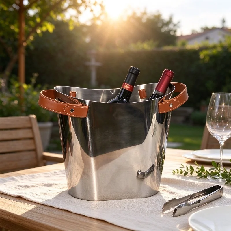 Metal Ice Buckets Leather Handles Luxurious Modern Wine Bucket Simple Large Capacity Bar Drinks Wine Buckets Home Party Barware