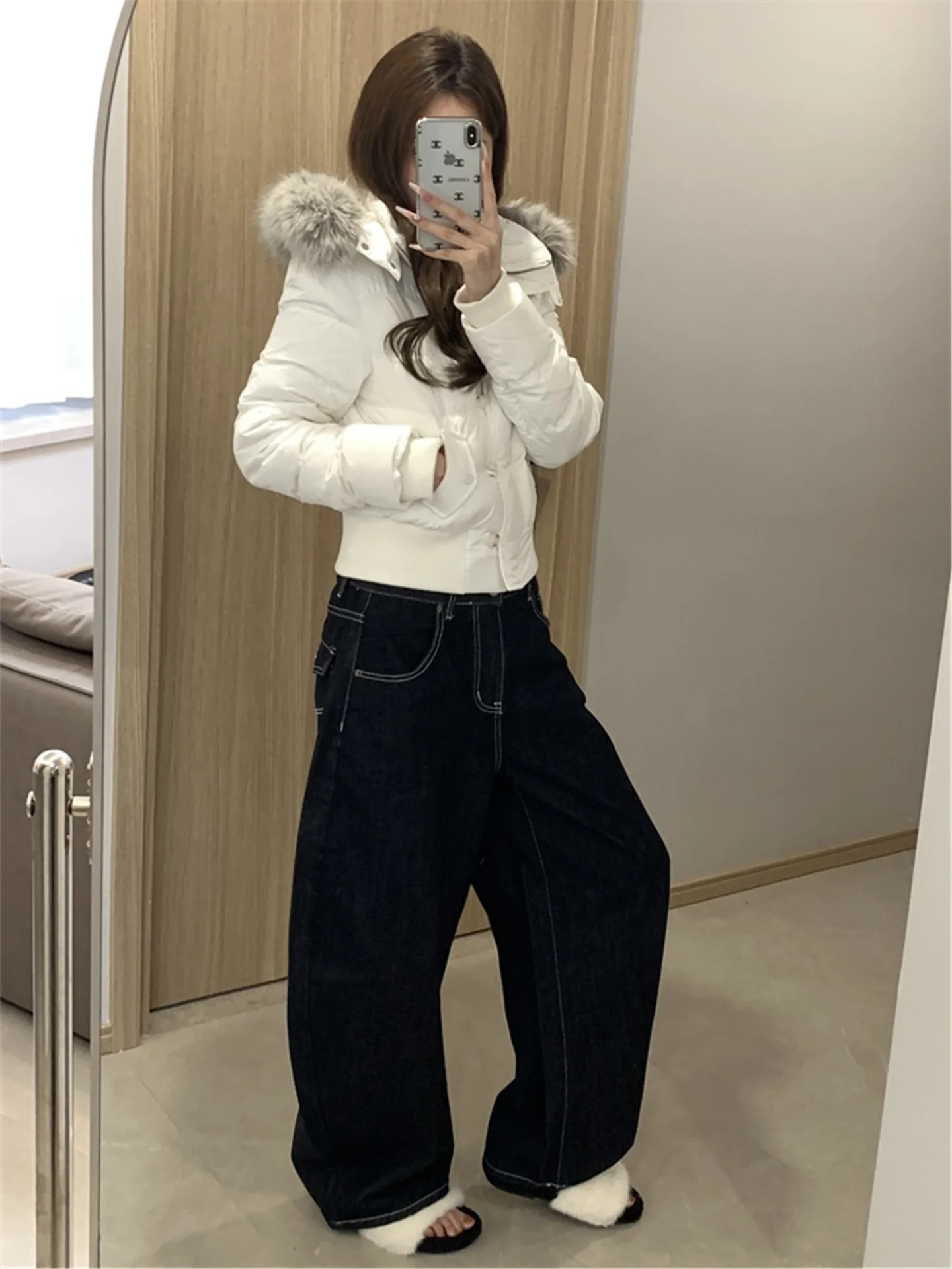 

American Style Vintage Deep Blue Sewing Line Curved Knife Jeans Women's Loose Slimming Design Sensation Floor-Length Pants