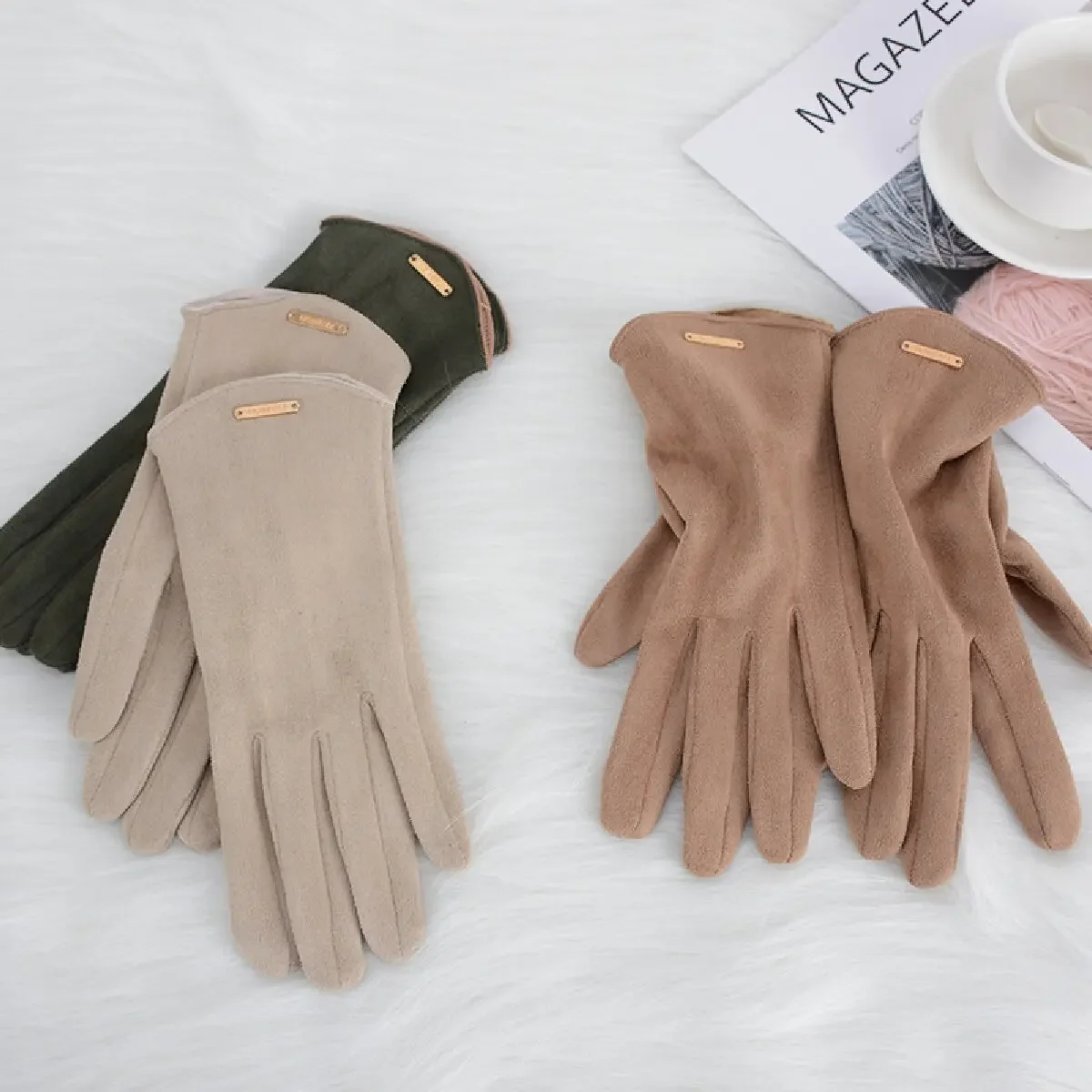 Women Autumn Winter Keep Warm Touch Screen Thin Solid Simple Gloves Cycling Drive Suede Fabric Elegant Windproof