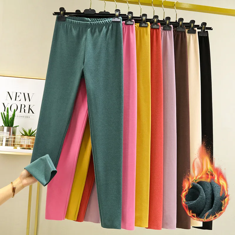 Women's High-Waist Fleece-Lined Cotton Trousers Slim Fit Base Layer Pants Pure Color Warm Long Pants Autumn Winter Wear