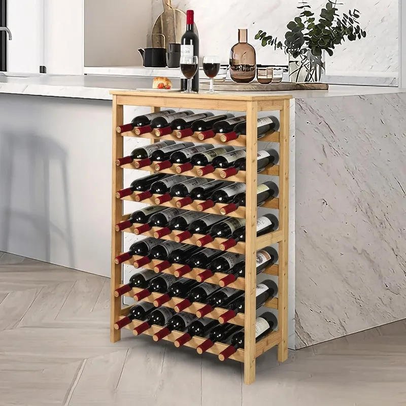 Rack de vinho de bambu com mesa, prateleira de armazenamento de vinho para cozinha, bar, piso autônomo, 7 camadas, 42 garrafas, 7 camadas