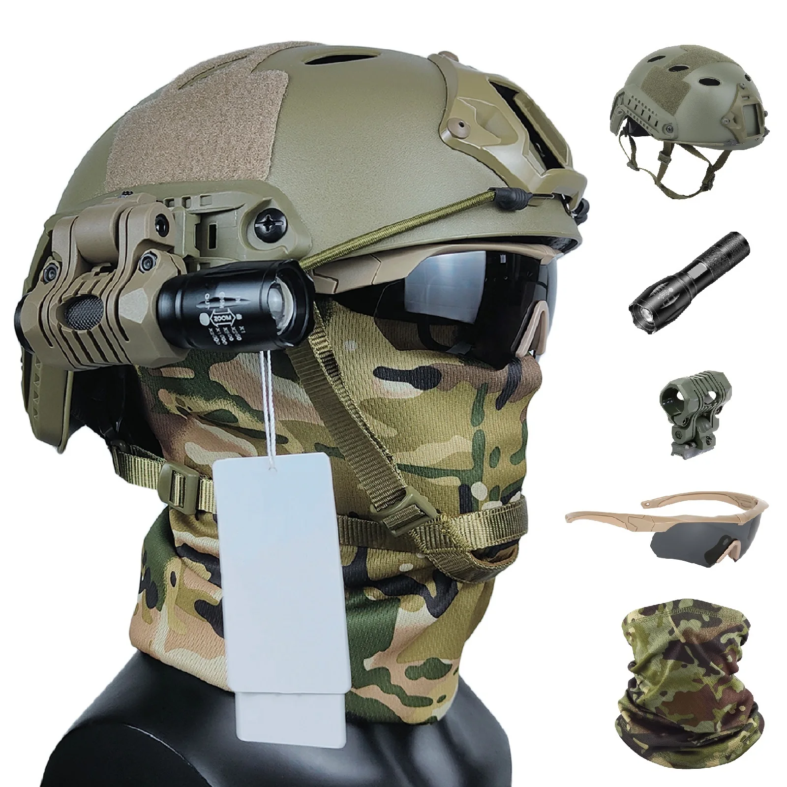 AQzxdc Tactical Helmet Complete Set – All Protection For Outdoor & Tactical Activities, With Face Visor&Goggles&LED Torch