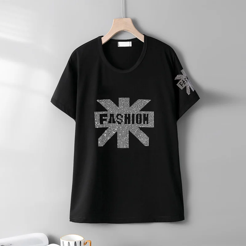 

Summer new Fashion Europe Style short-sleeve T-shirts female Personality Letter Pattern Hot Diamonds Loose Casual women tops