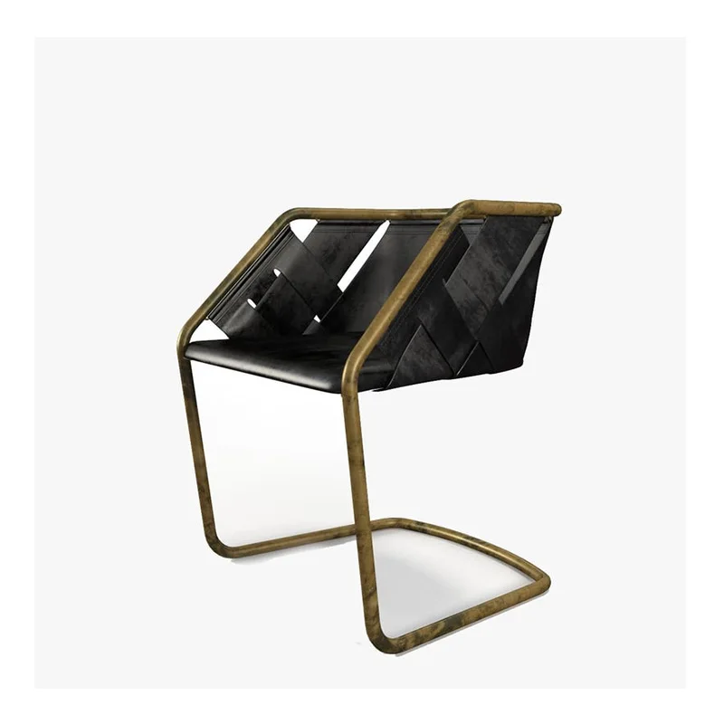 Retro armchair, handmade leather woven dining chair, simple stainless steel electroplated backrest leisure chair