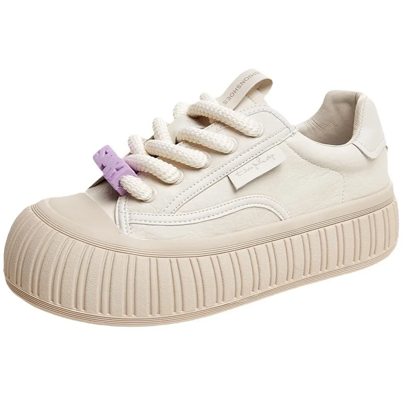 2025 Spring New Versatile Korean Soft soled Casual Shoes Thick soled Genuine Leather White Shoes