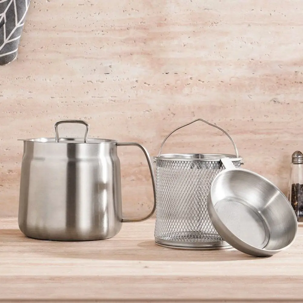 

Кастрюля для масляного фильтра из нержавеющей стали 1,5/2 л, большая емкость с корзиной для жарки, фритюрница, резервуар для хранения масла, герметичный резервуар для картофеля фри