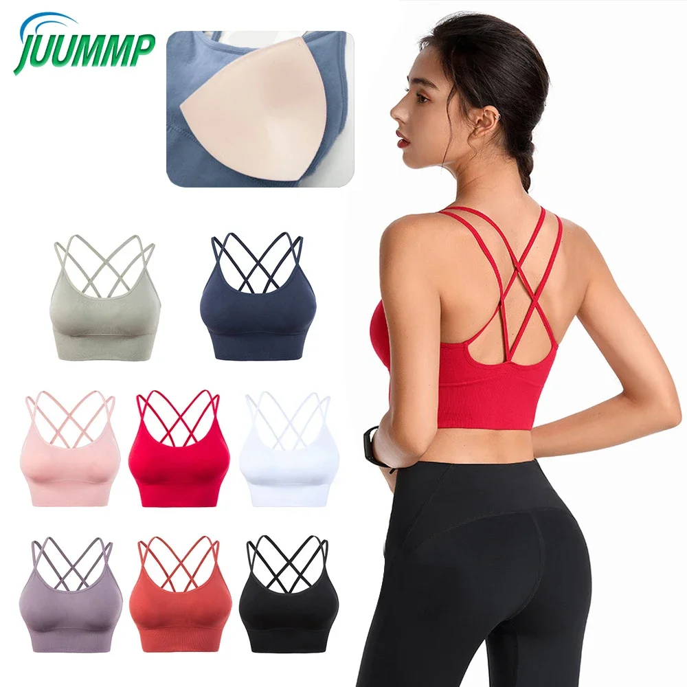 JUUMMP 1Pcs Cross Back Sport Bras for Women -Wirefree Padded,Criss Cross Cropped Bras for Yoga Workout Fitness Low Impact