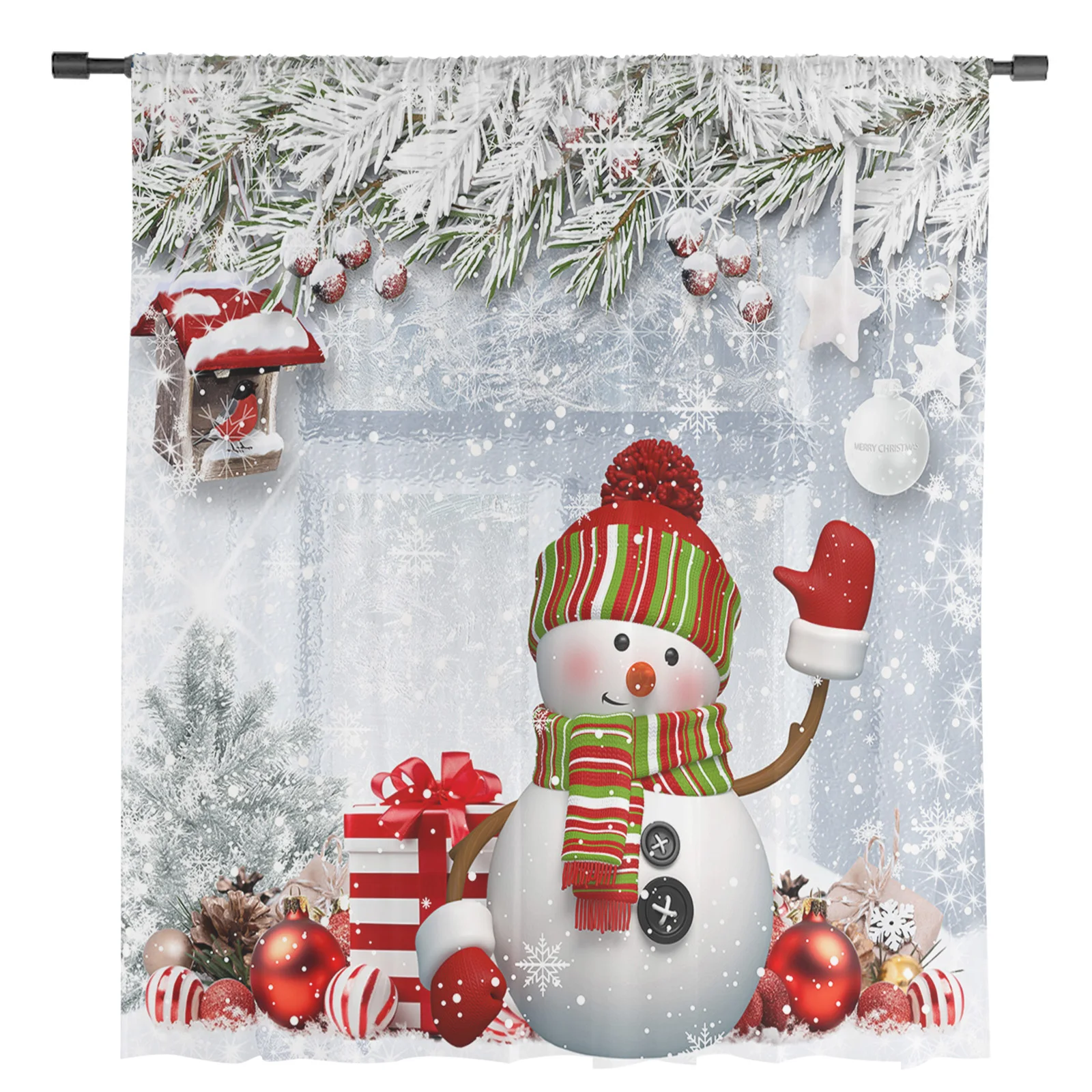 Christmas Snowflake Snowman Holly Fir Tree Sheer Curtains Christmas Home Decor Window Tulle Curtains for Living Room Bedroom