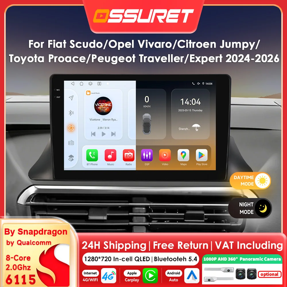 Android Auto-Multimedia-Videoplayer für Fiat Scudo/Opel Vivaro/Citroen Jumpy/Toyota Proace/Peugeot Traveler/Expert CarPlay 2DIN 360-Grad-Kamera Autoradio GPS-Navigation Stereo 6115