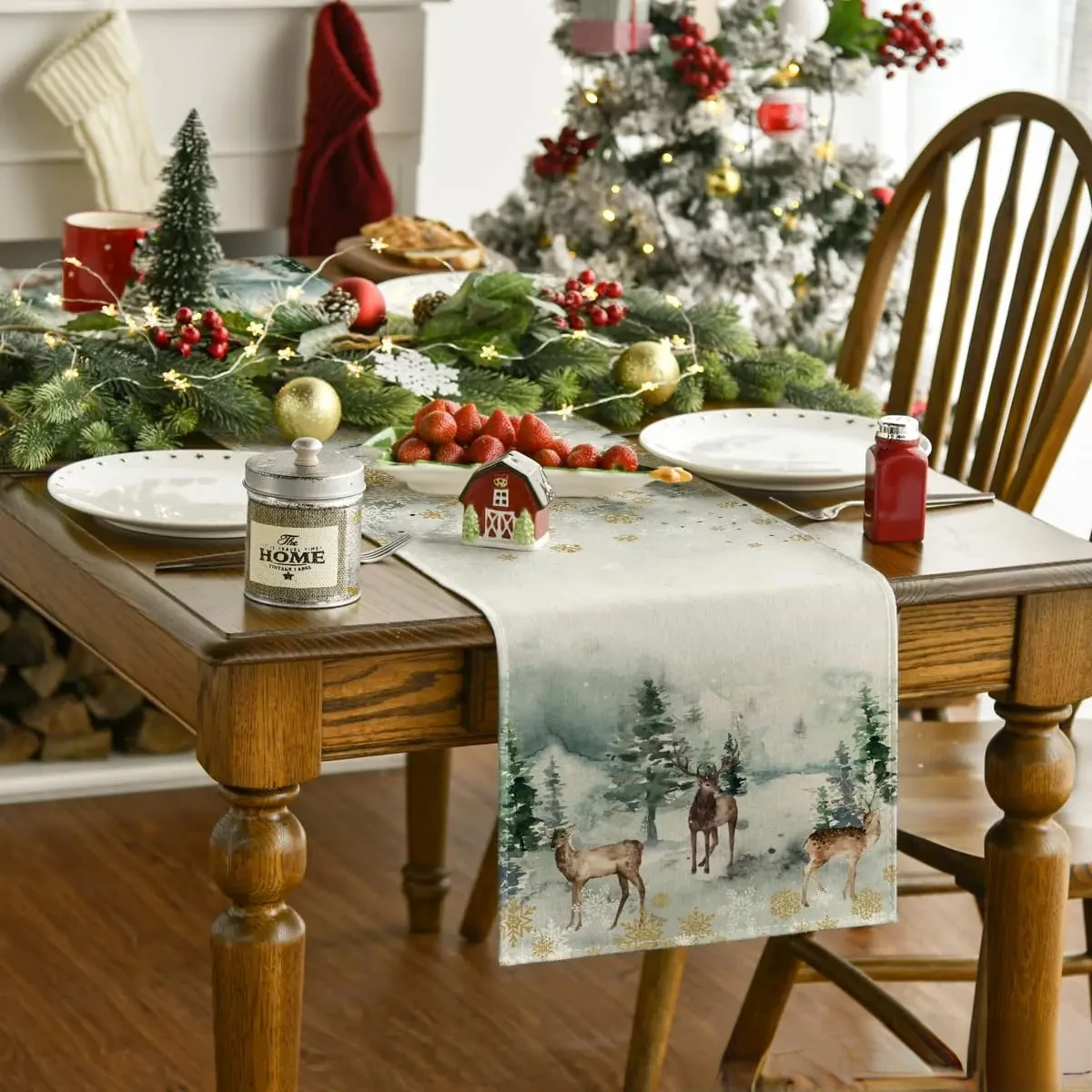 Watercolor Deer Trees Snowflakes Christmas Table Runner Winter Xmas Holiday Kitchen Dining Table Decoration Home Party Decor