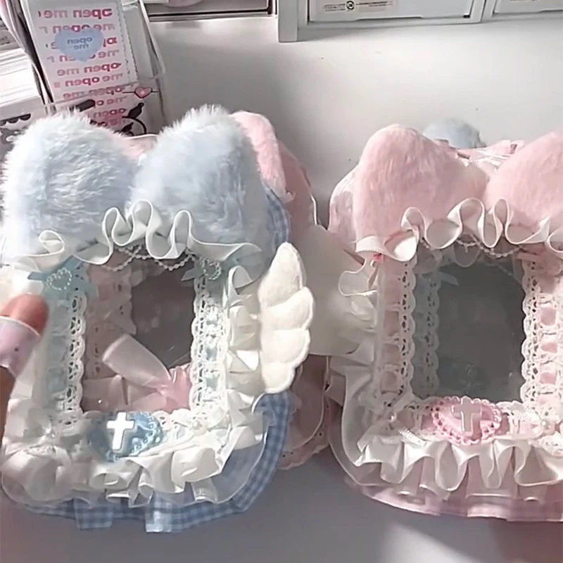 Handmade Cat Ear Wing Plaid Lace Satin Ruffle PVC Photocard Holder 3 Inch KPOP Polaroid Anime Cute Lolita Fan Storage Sleeve