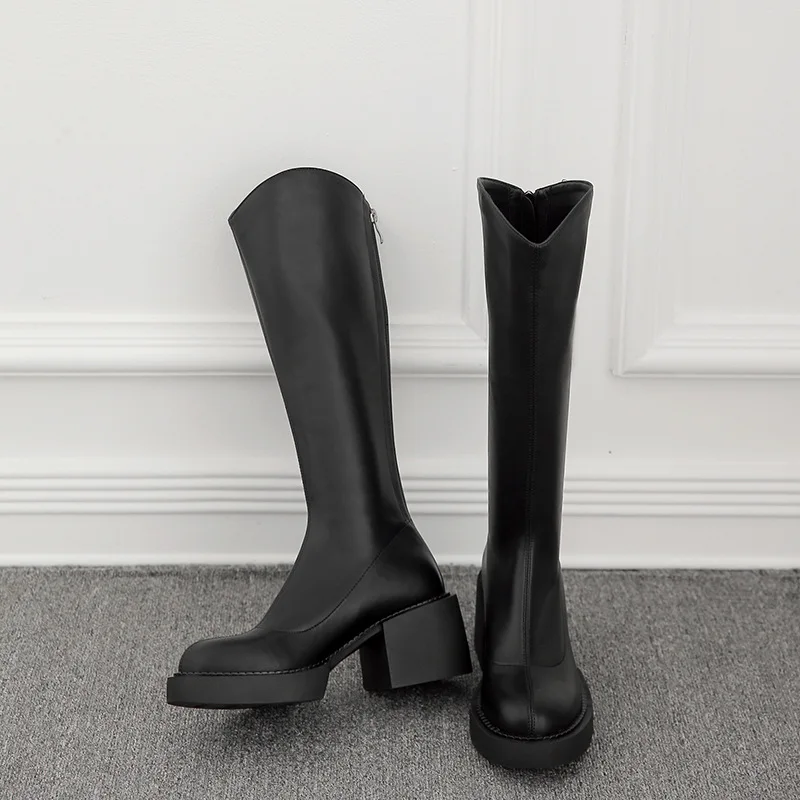 

Back Zip Women Boots Chunky Heel Lady Boots Platform Knee Boots Solid Color Girls Shoes