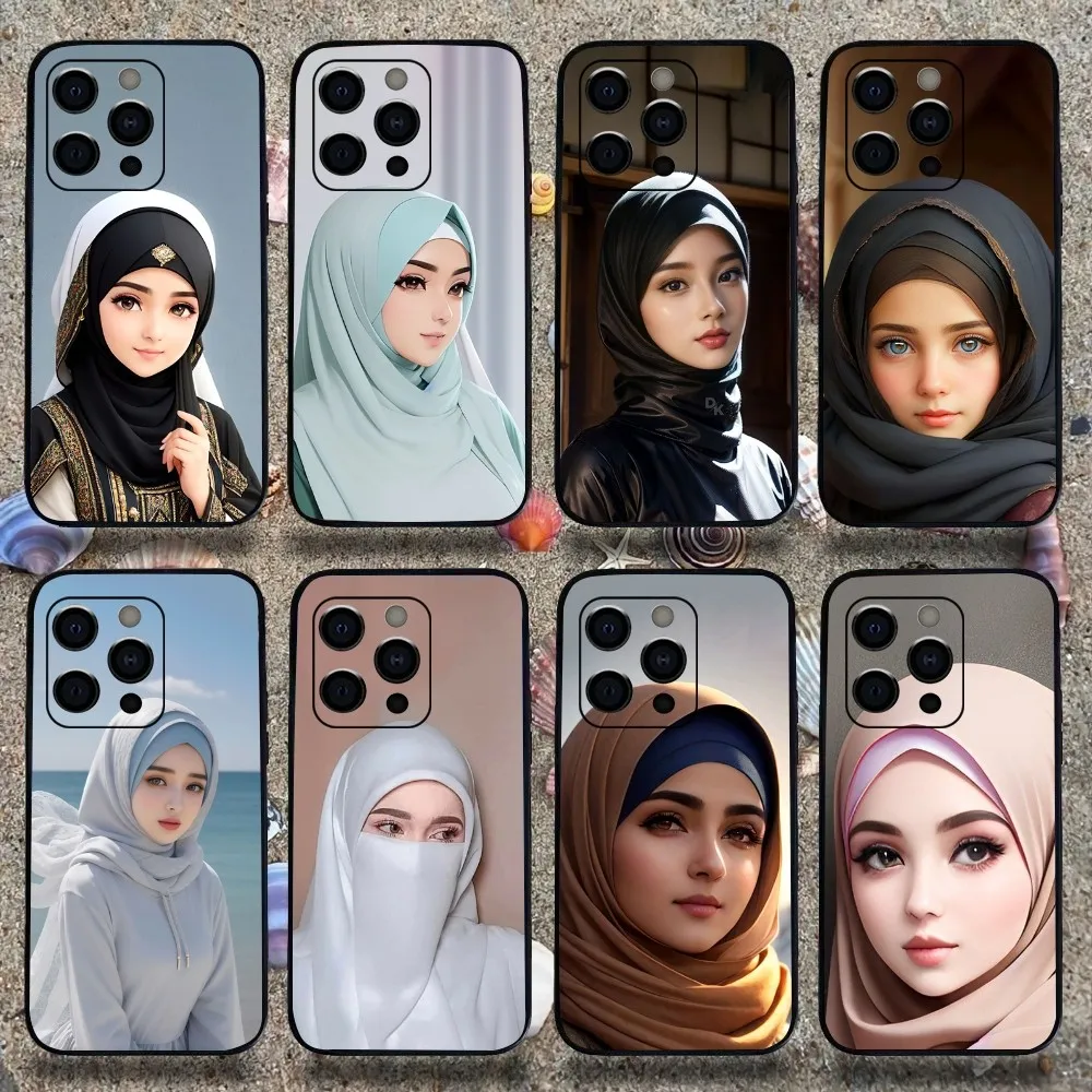 Muslim Arabic Hijab Girl Phone Case For Apple iPhone 15,14,13,12,11,Pro,X,XS,Max,XR,Plus,Mini Soft black shell