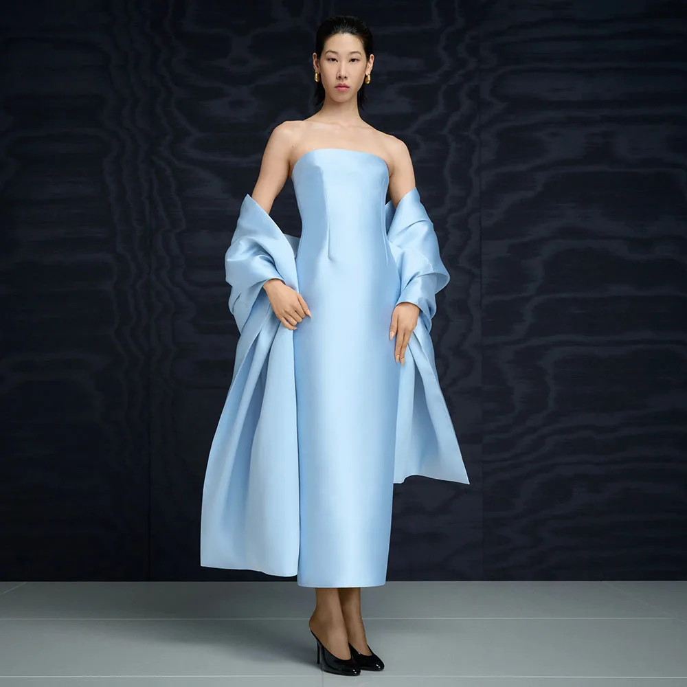 

Customized Prom Dress Light Sky Blue Satin Strapless Ankle Length Column Party Dresses for Women Shawl Simple Evening Gowns Maxi