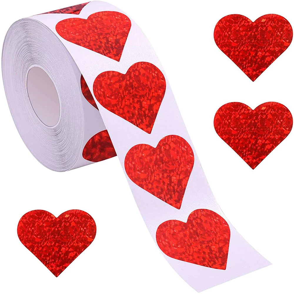 500Pcs/roll Sparkle Heart Stickers Valentines Day Party Decor Red Love Scrapbooking Adhesive Sticker Wedding Gift Box Bag Decor