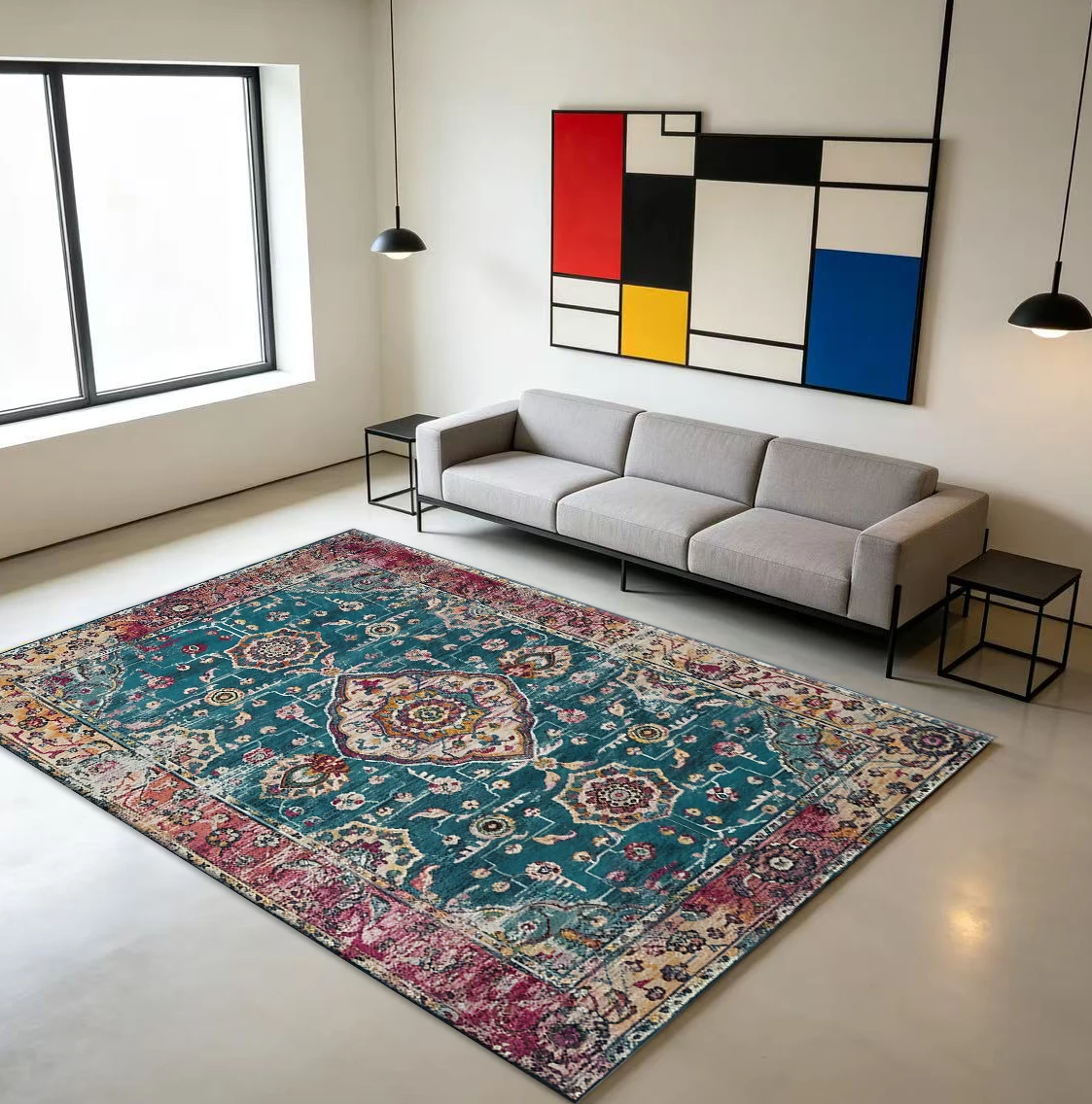 Vintage Distressed Oriental Medallion Carpet Flooring, Bohemian Style Decorative Floor Rug for Living Room Home Decor