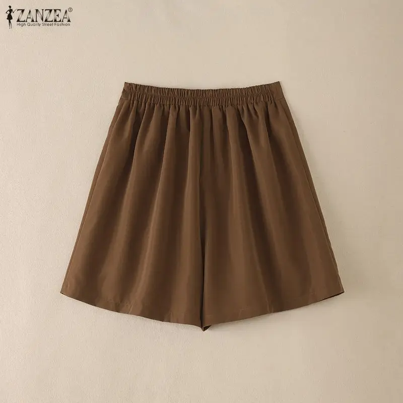 2026 ZANZEA Summer Casual Elastic Waist Solid Shorts Women Elegant OL Work Palazzo Vintage Holiday Beach Pant Baggy Pantalon