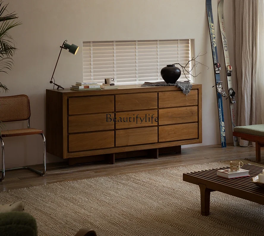 

yj7 Teak nine-bucket cabinet Japanese-style wabi-sabi wind bedroom full solid wood retro storage cabinet