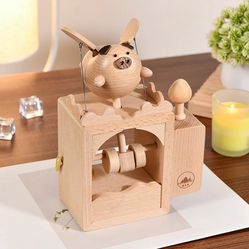 New Creativity Wooden Music Box Electric Castle Piglet Desktop Ornament Healing And Relieving Stress Living Room Home Decoration